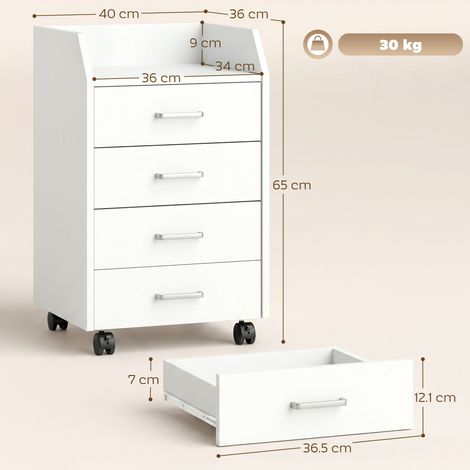 Commode de bureau en bois à 4 tiroirs, roulettes et bords surélevés, 40 x 36 x 65 cm, blanche (1/5)