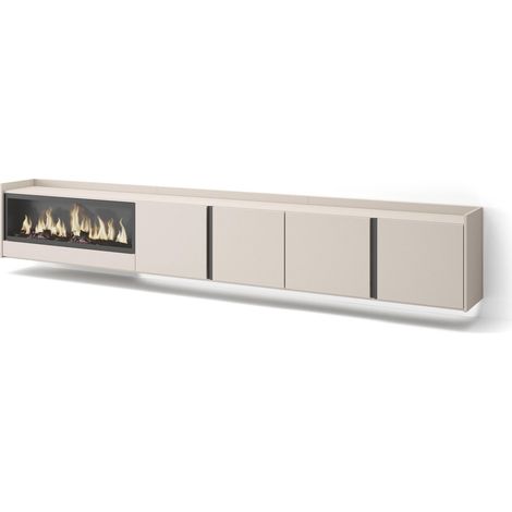 Skraut Home - Mobile TV Soggiorno, Ampio spazio a disposizione, 315x35x50cm, Per TV fino a 80", Camino elettrico XXL, Sospeso, da appendere, LED, Stile moderno, Beige (1/5)