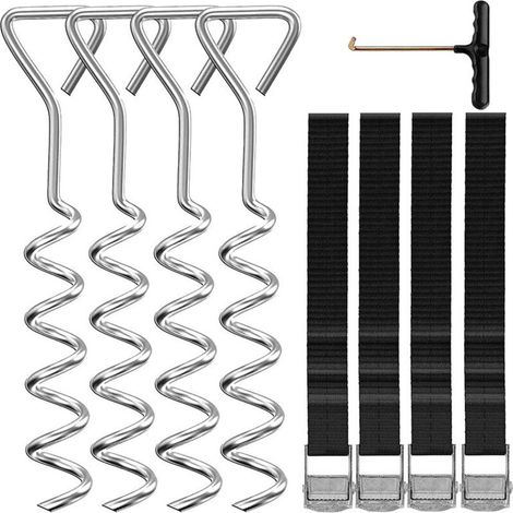 Ensemble d'ancrage au sol 9 pièces pour trampolines, balançoires, ancrages en spirale avec sangles, ancrages de trampoline, ancrages en acier