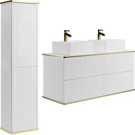 Meuble de salle de bain suspendu strié avec double vasque à poser carrée et colonne - Blanc - 120 cm - KELIZA