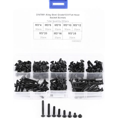 Lot assorti de 200 pièces par boîte de vis à tête plate fraisée M3 à six pans creux pour fixation mécanique (1/5)