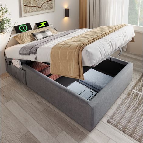 Lit coffre 90x200 cm USB Type-C, lin gris HAVRYA (1/5)