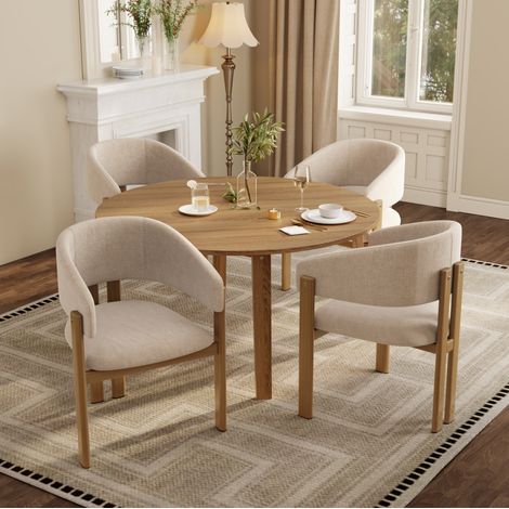 Set di 6 sedie da pranzo in metallo effetto legno, seduta in lino beige, braccioli ergonomici (1/5)