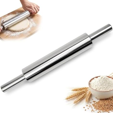 Rouleau à Pâtisserie INOX 43 x 5 cm, Rouleau Pâte à Sucre avec Manche, Grands Rouleaux à Pâtisserie Anti-adhésifs, Conception à Roulement à 360°, pour Cuisine Boulangerie Cuisson Pain (1/5)
