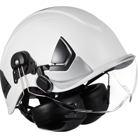 Mophorn Casco di Sicurezza in ABS Certificato ANSI/ISEA Z89.1 con Visiera e Cuffie Antirumore, Casco Protettivo per Lavori di Costruzione e Settore Industriale, Colore Bianco (1/5)