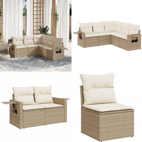 5-tlg. Garten-Sofagarnitur mit Kissen Beige Poly Rattan - Gartensorte - Gartenmöbelset - Lounge Möbel - Outdoor Furniture - Rattan Gartenmöbel - Home & Living (1/5)