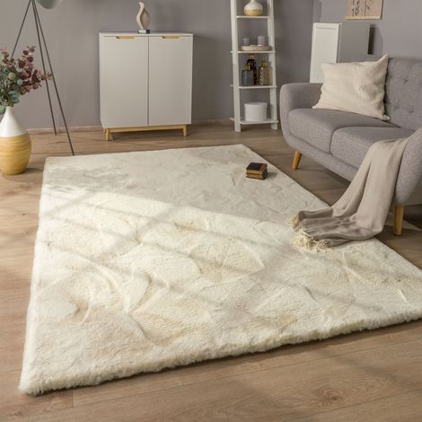Paco Home Tappeto Salotto Pelo Lungo Shaggy Imitazione Finta Pelliccia Di Coniglio Soffice Ø 120 cm tondo, Crema