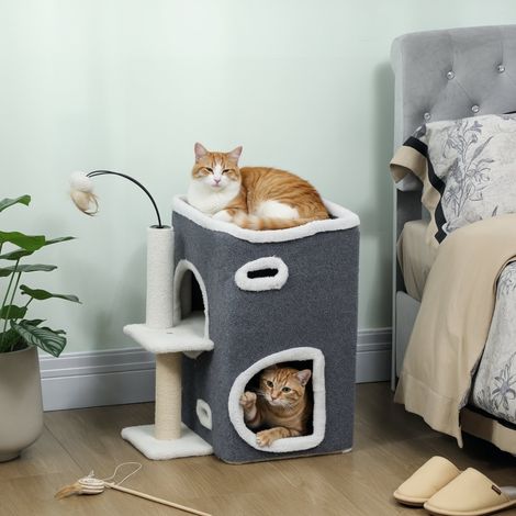 Griffoir pour chat,zone couchée en haut,maison à deux étages,poteau sisal,gris