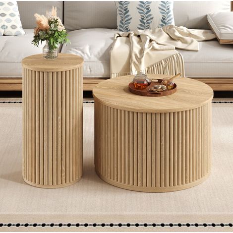 Mesa de centro redonda lote de 2, MDF natural, motivo de lamas verticales, HAVRYA (1/5)