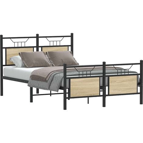 Cadre de lit 120 x 190 cm avec tête et pied de lit, chêne sonoma, acier et bois, sans matelas, 26.1kg - PANGIVO (1/5)