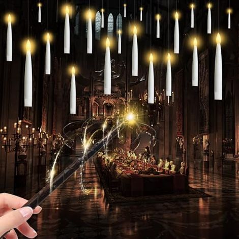 Bougies LED flottantes - électriques à flamme vacillante blanc chaud avec fonction minuterie et télécommande baguette magique, bougies suspendues flottantes pour décoration de fête, d'Halloween et de (1/5)