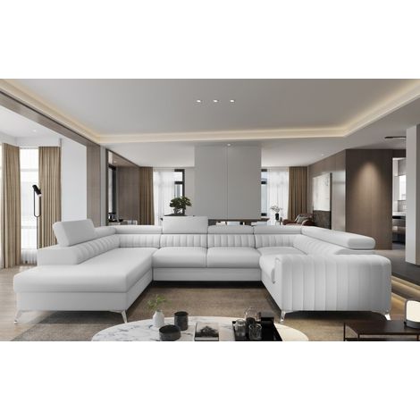 Les Tendances – Canapé d'angle panoramique convertible 6 places – Simili cuir blanc – Coffre de rangement à gauche – Têtières réglables – Surface de couchage 210x125 cm (1/5)
