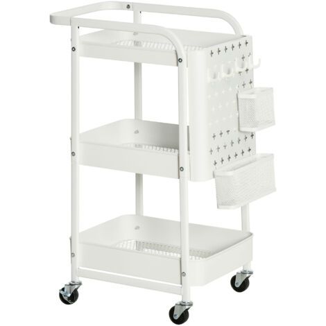 Chariot de cuisine avec panneau perforé, porte-serviettes et paniers de rangement, 51,5 cm x 32 cm x 75,6 cm, blanc