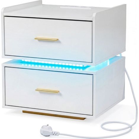Nachttisch mit LED-Beleuchtung und Ladestation, 2 Schubladen