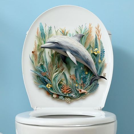 Autocollant mural imperméable pour abattant de WC Motif monde sous-marin Poisson, oiseau, fleur, feuille (1/5)