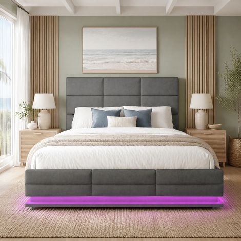 Cama tapizada de terciopelo gris oscuro 160x200 cm con almacenaje, cabecero ajustable, LED regulable y USB (1/5)
