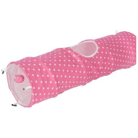 Tunnel gioco per gatti KERBL Puntino pieghevole rosa/bianco a pois 100 x Ø25 cm con pallina in peluche (1/4)