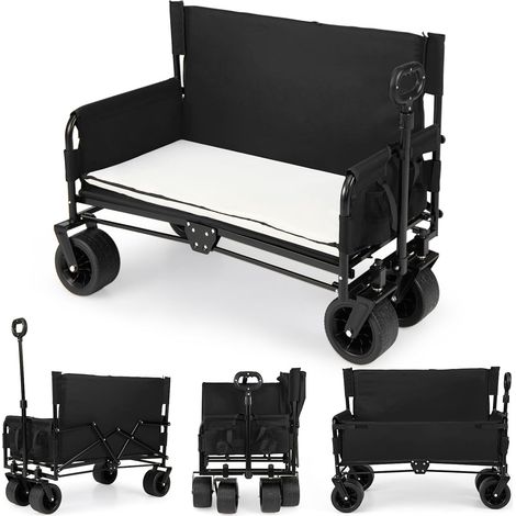 COSTWAY 2in1 Carrello Pieghevole con Panca,85L,Cuscini Morbidi e Ruote,per Spiaggia,Nero