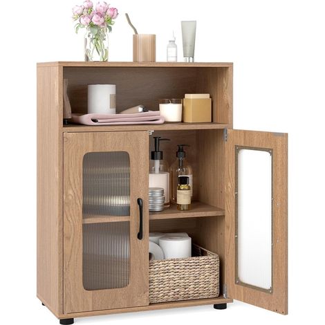COSTWAY Armoire de Salle de Bain, Meuble de Rangement avec 2 Portes Vitrées, Compartiment Ouvert, Étagère Réglable, pour Salle à Manger, Cuisine, Salon, Buanderie, 30 x 60 x 83 cm (Naturel) (1/5)