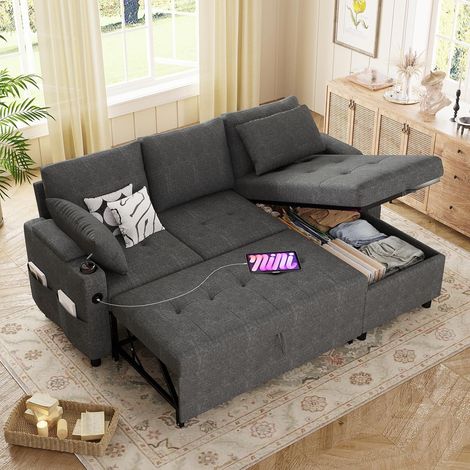 YODALLA L-Shaped Corner Sofa Bed, 3-in-1 Pull Out Sleeper Sofa, 3 Seater with Storage, USB Charger, Side Pockets & Cup Holders, Dark Grey