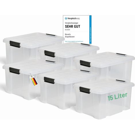 Novaliv 6x boîtes de rangement avec couvercle 15L boîtes de rangement empilables emboîtables transparentes avec fermeture à clip boîte en plastique