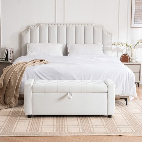 DESMIU Banc de Rangement Rectangulaire avec Coffre de Rangement et Assise Rembourrée en Bois et Tissu Blanc 100.5 × 46.0 × 29.0 cm (1/5)