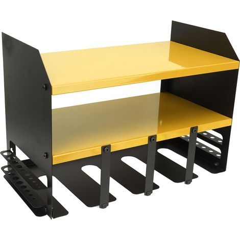 Organiseur d'outils à 4 compartiments, structure en fer, multifonctionnel, support de perceuse compact pour fixation murale, idéal pour atelier et entrepôt, jaune (1/5)