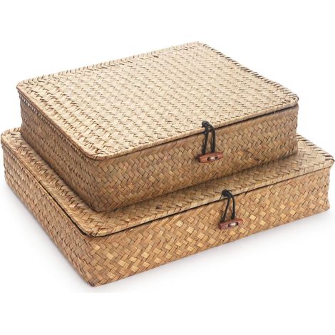 Panier en Osier avec Couvercle, Panier de Rangement en Seagrass, Boîte Rangement Décorative Tissée pour Table, étagère dans le Salon, Salle de Bain, Chambre, Naturel (1/5)