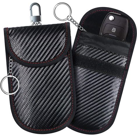 Lot de 2 Pochette Etui Anti RFID cle Voiture Pochettes Blocage Signal pour Clé Voiture en Fibre de Carbone Petit Faraday Pouch Bag (1/5)