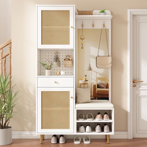 Meuble d'entrée vestiaire 99x35x180 cm avec banc à chaussures, miroir, 2 portes effet rotin, crochets et rangement - Blanc et Naturel (1/5)