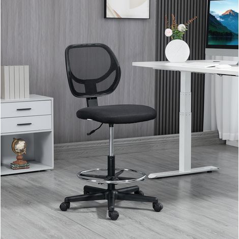 Chaise de bureau haute en maille et mousse noire, réglable 50-70 cm, avec repose-pieds et rotation 360°, 59x61x93-113 cm (1/5)