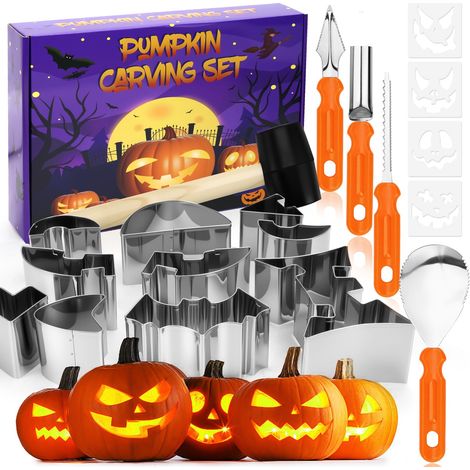 Kit Sculpture Citrouille Pumpkin Carving Kit Citrouille Halloween avec 4 Couteau à Découper la Citrouille, 10 Gabarits de Découpe en INOX, 4 Modèles, 1 Marteau (1/5)