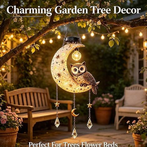 Lanterne solaire jardin hibou lune figurine hibou résine extérieur