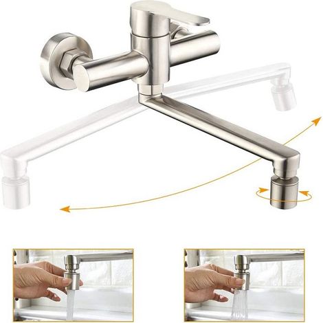 Wandmontage Wasserhahn Küche 360° Drehbar Küchenarmatur 2 Strahlarten Mischbatterien Armatur für Küche Einhebelmischer Edelstahl für Spüle (1/5)