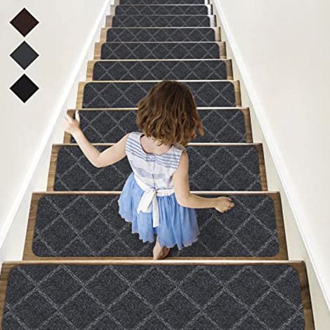 Marches d'escalier - Lot de 15 marches d'escalier antidérapantes 20 x 76 cm/Tapis de protection autocollants,diamant, gris (1/5)