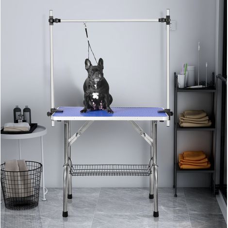 Mesa de peluquería para mascotas plegable 117 x 60 x 76 cm, brazo ajustable, azul OKMYHOME (1/5)