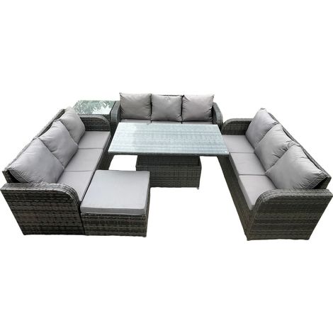 Fimous Cour jardin salle à manger ensemble extérieur meubles en rotin canapé décontracté hauteur réglable table de levage avec table d'appoint grand repose-pieds gris foncé mix (1/5)