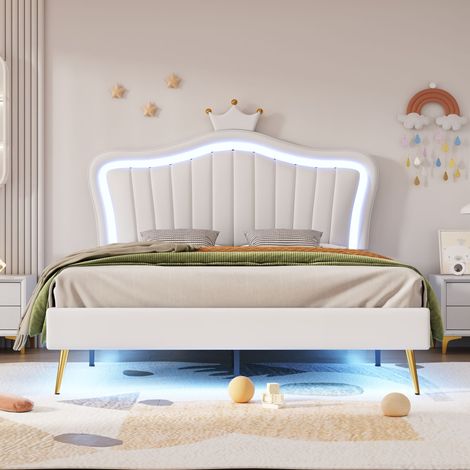 Letto per adulti Letto matrimoniale imbottito 140 x 200 cm. struttura del letto a corona. in pelle PU con LED. Senza materasso (1/5)