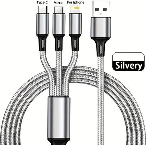 Dreifach-Datenkabel aus geflochtenem Nylon, USB auf USB, geeignet für Android- und Apple-Geräte, USB-C, grau (1/4)