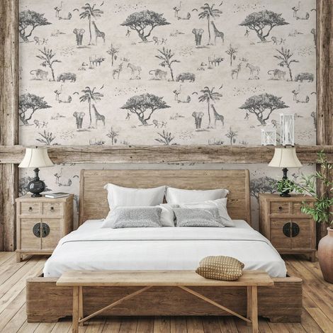 Carta da parati vintage animali giungla beige per testata letto Safari (1/5)