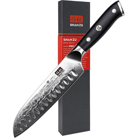 SHAN ZU Coltello Santoku Coltello Santoku da 8 Pollici in Acciaio Giapponese Damasco Coltelli da Cucina Professionali Affilato Super Acciaio ad Alto Tenore di Carbonio 67 Strati con Manico G10 (1/4)