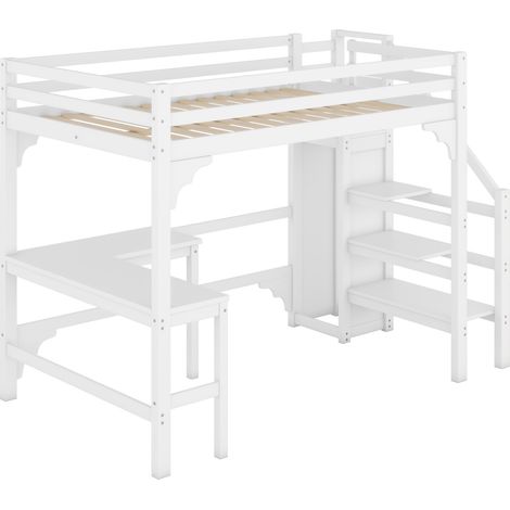 Hochbett 140 x 200 cm mit L-Schreibtisch, Kiefer und MDF, Weiß, MODENUIT (1/5)