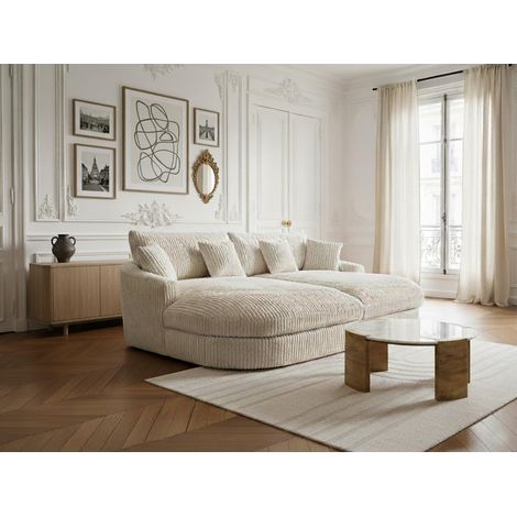 Bobochic – Canapé droit fixe 3 places – Assise profonde en gros côtelé doux – Beige – Structure en bois massif – Confort moelleux (1/5)