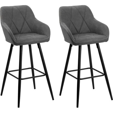 Beliani – Lot de 2 tabourets de bar en tissu gris – Hauteur d'assise 74 cm – Pieds en métal noir – Dossier et accoudoirs confortables