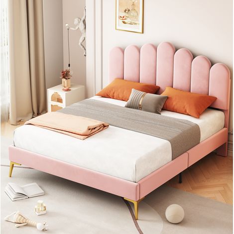 Polsterbett 140/200 cm rosa aus Samt und MDF mit verstellbarem Kopfteil (1/5)
