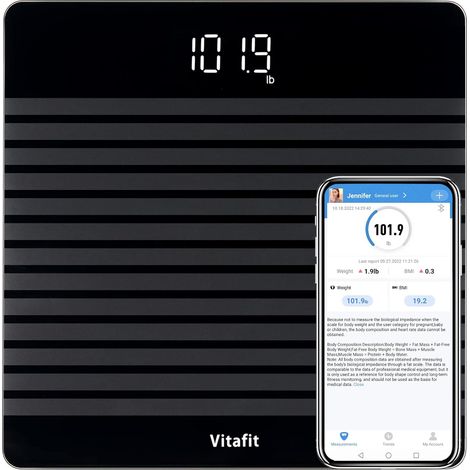 Pèse-personne numérique avec poids et IMC, balance intelligente avec application via Bluetooth, plate-forme antidérapante, noir (1/5)