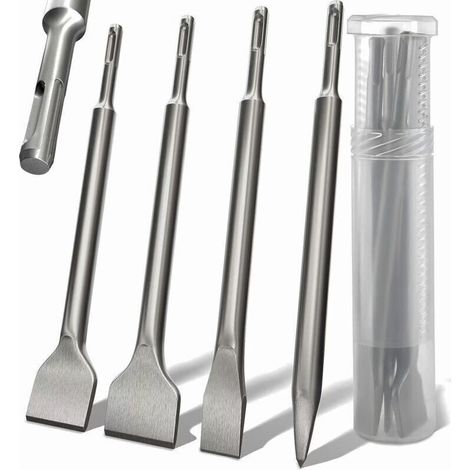 Ensemble de 4 burins SDS Plus – Burin rond 4 pointes – Burin incurvé 142 x 250 mm – Burin plat extra large pour carrelage (1/5)