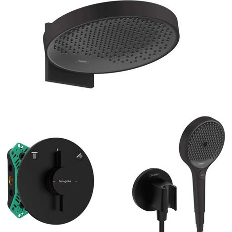 Hansgrohe – Colonne de douche encastrée avec mitigeur noir mat – Douche de tête 360mm – 3 jets PowderRain – Corps d’encastrement inclus – SANI21HHH408