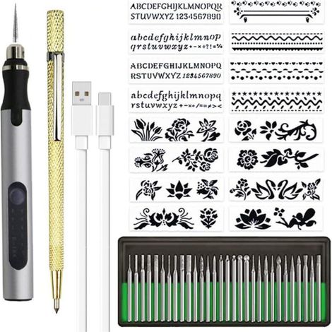 Kit de gravure DIY sans fil et rechargeable avec stylo micro-graveur pour métal, verre, et plastique, comprenant 30 embouts, et 1 stylo traceur, argent (1/5)