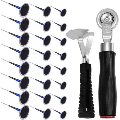 Kit de réparation de crevaison de pneu avec 26 pièces de patchs en caoutchouc de 3,5 cm, 4,5 cm et 6 cm, kit de rouleau de roue avec racleur de doublure, kit d’assortiment, cheville de (1/5)